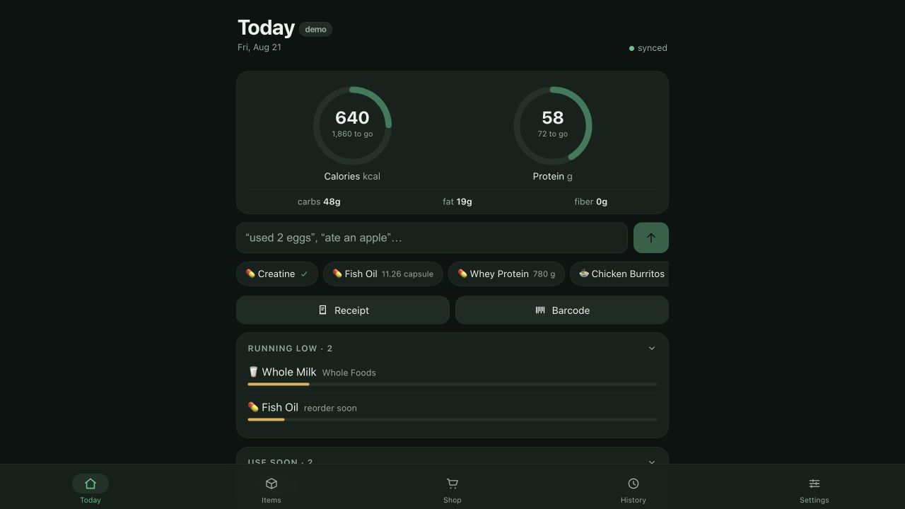 Pantry daily nutrition and kitchen inventory dashboard